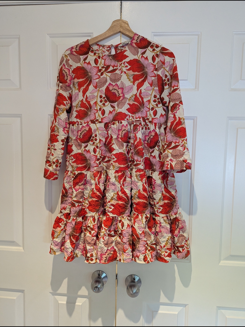 Zara Pink & Red Floral Tiered Babydoll Dress Retro 70s Flower Child Lolita S/XS